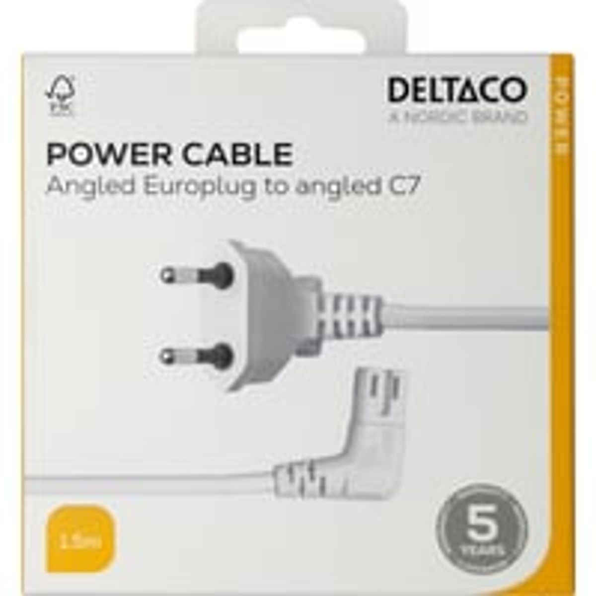 Strmkabel CEE 7/16 - C7 vinklet, 1,5m, hvid - Deltaco