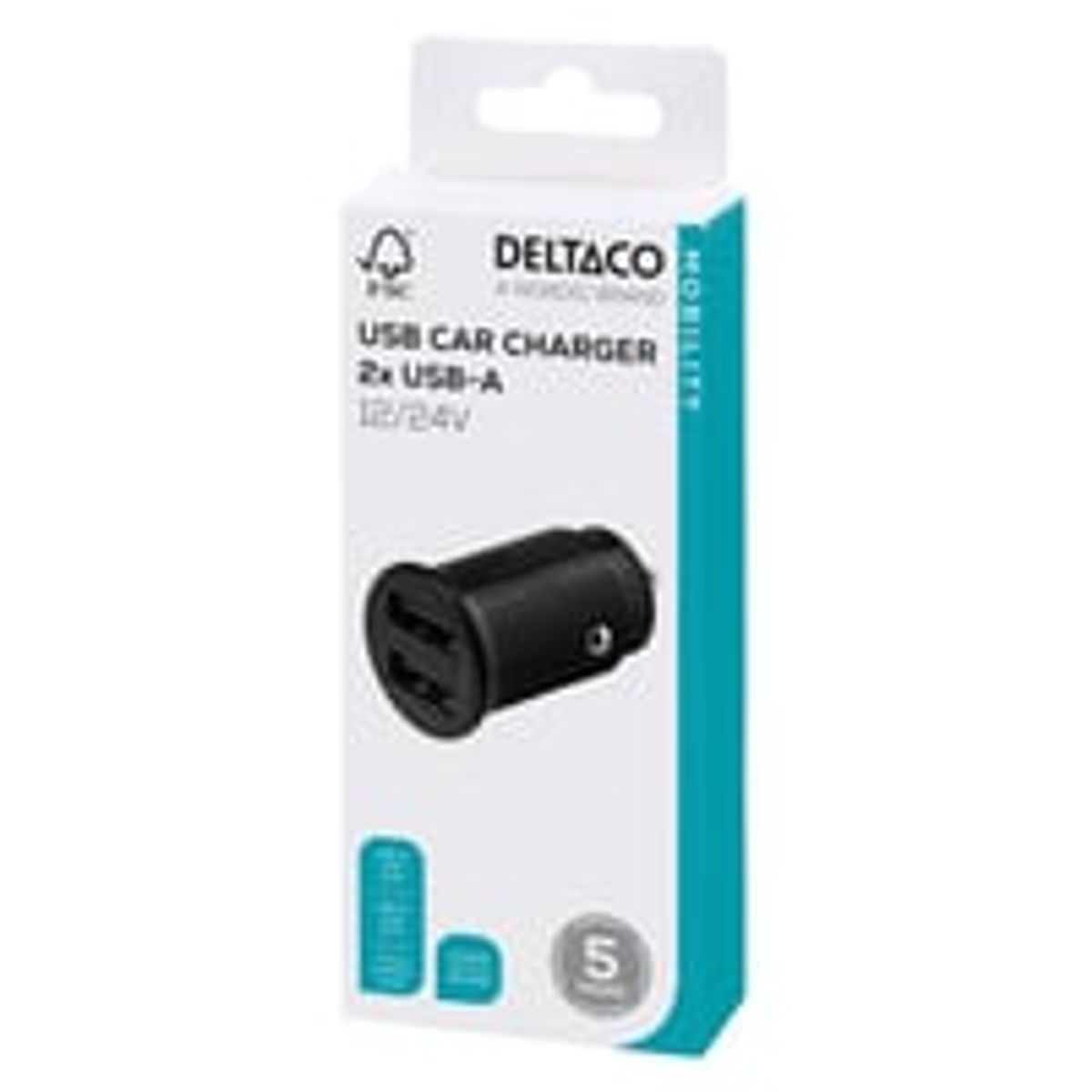 12/24 V USB biloplader, kompakt, med to USB-A porte - Deltaco