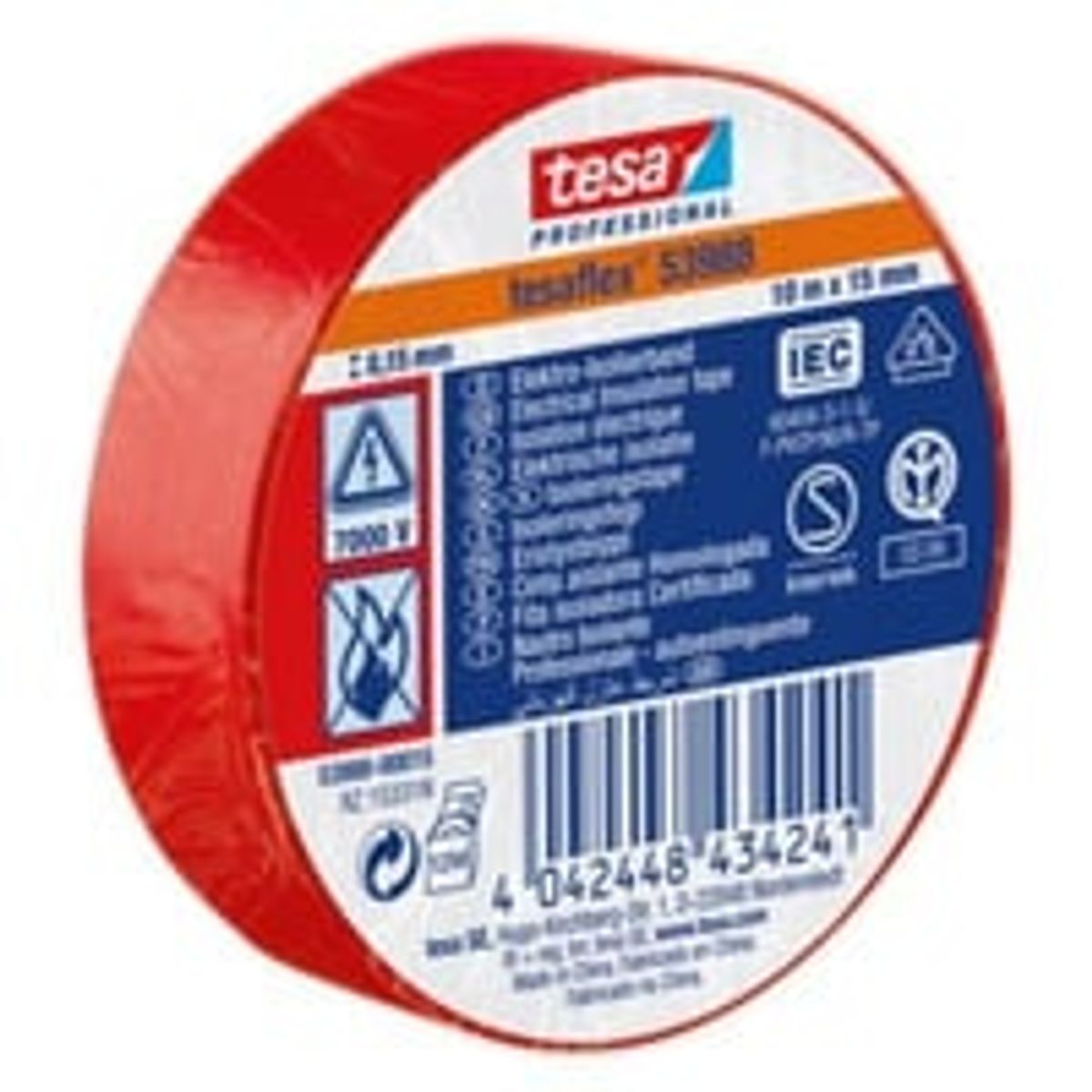 Isoleringstape, rd, 15 mm x 10 meter, PVC, Tesaflex (53988)