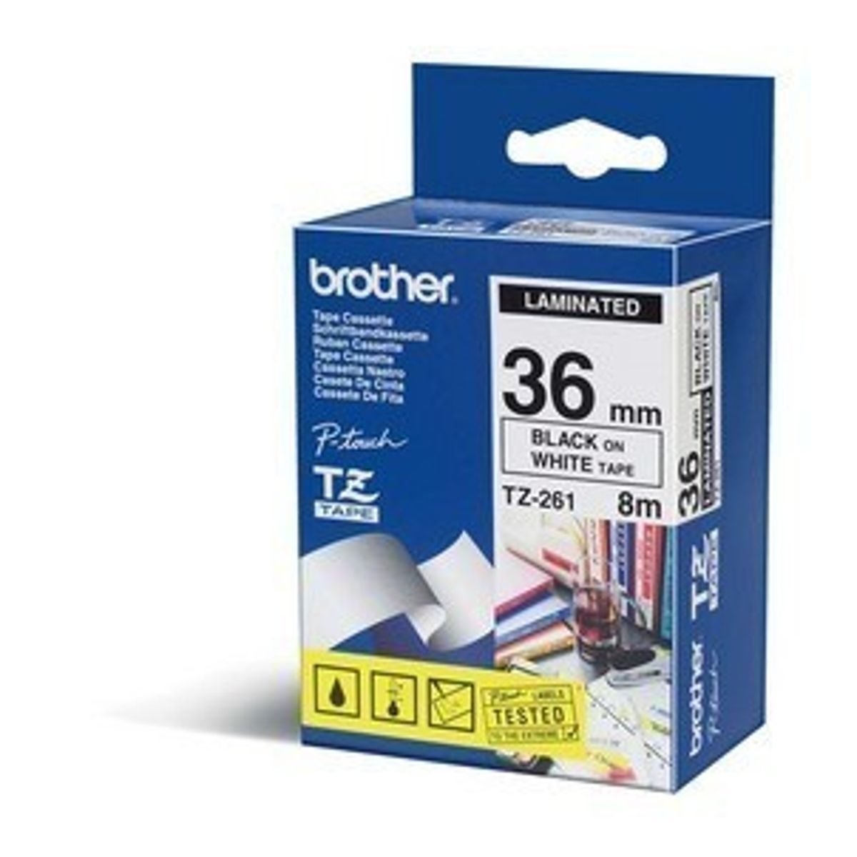 Brother TZE261 tape / 36 mm. / Sort Tekst / Hvid Tape