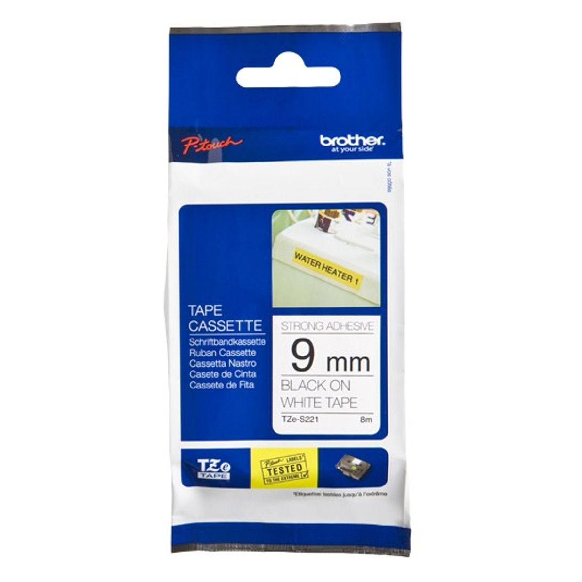 Brother TZES221 TZ-tape / 9mm / Hvid tekst / Sort Tape