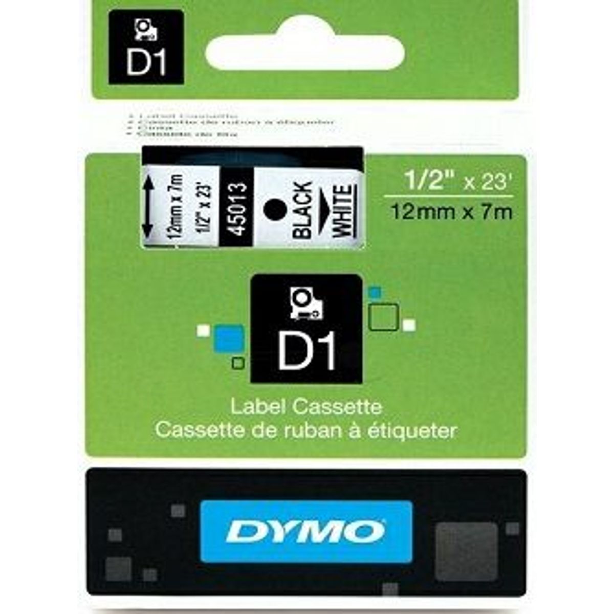 Dymo D1 45013 Tape / 12 mm. x 7m / Sort Tekst / Hvid Tape