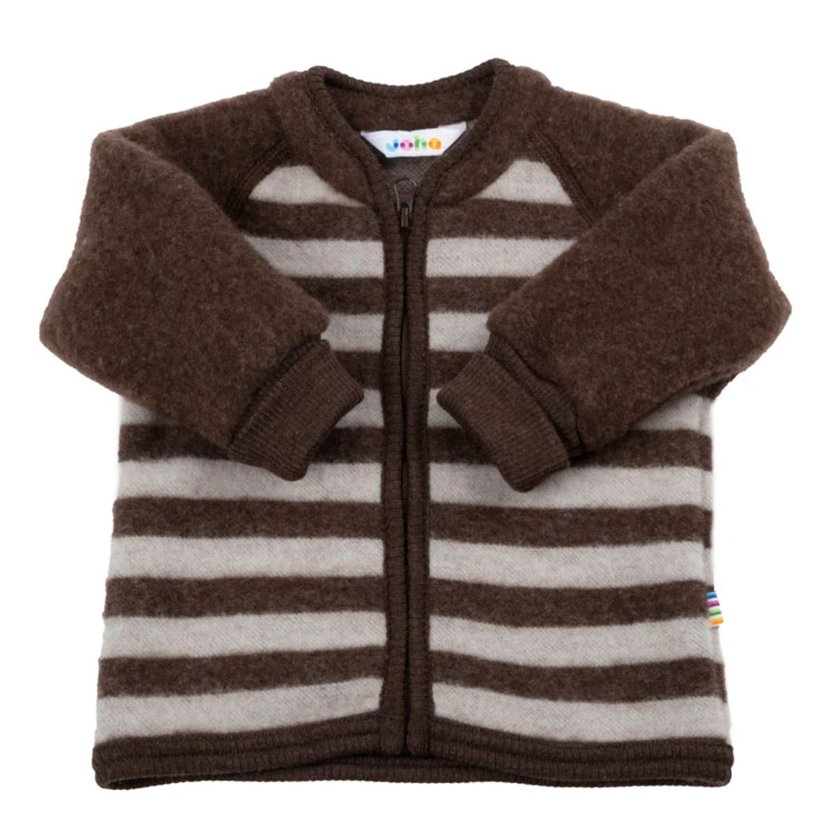 Cardigan med brune og beige striber i 100% merinould