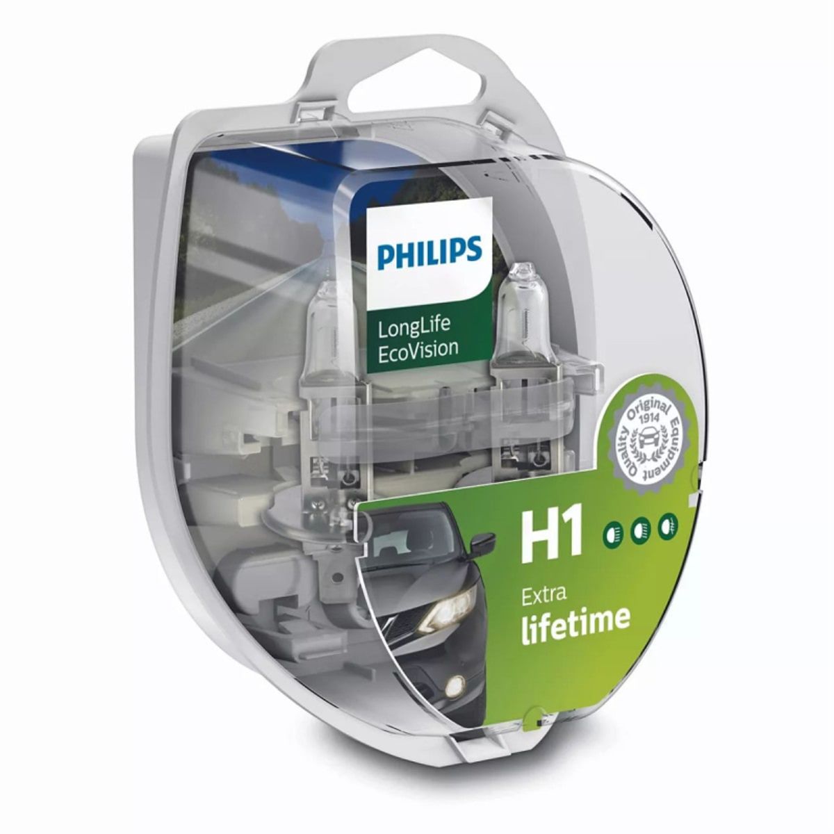 Philips H1 Longlife EcoVision pærer med op til 4x længere levetid (2 stk)