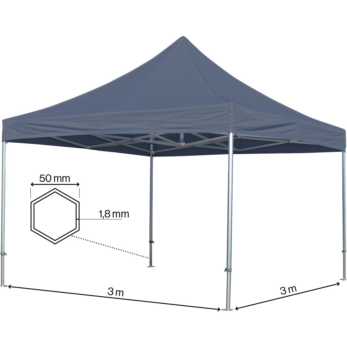 Foldetelt Komplet 3x3m HEXA Heavy Duty - Grå