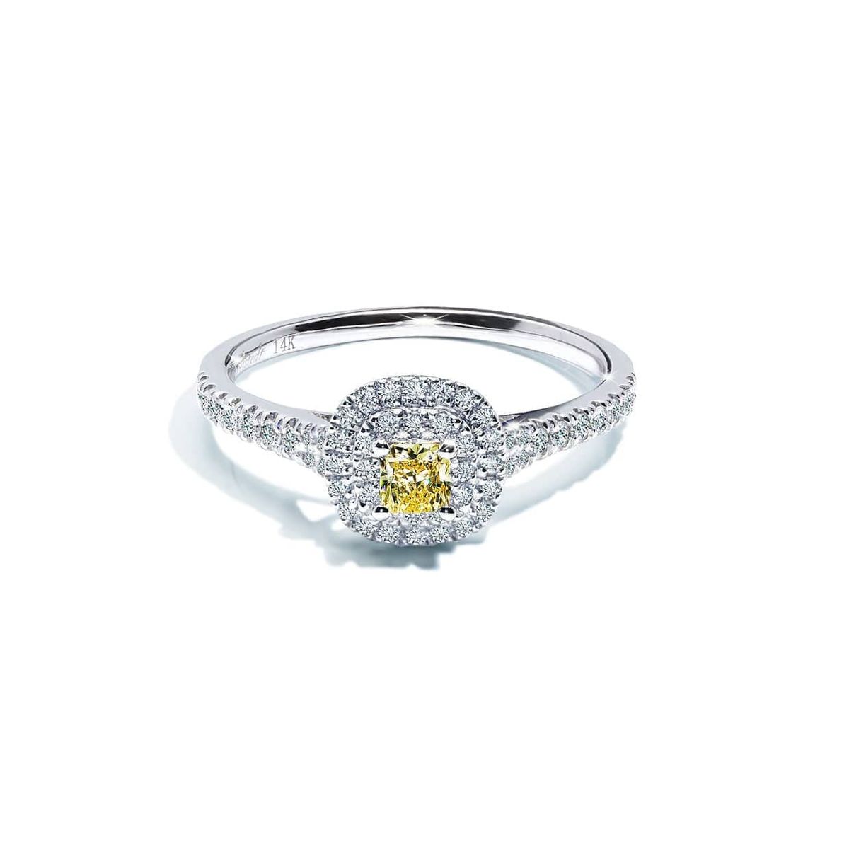 Gul cushion safir forlovelsesring med dobbelt diamant halo