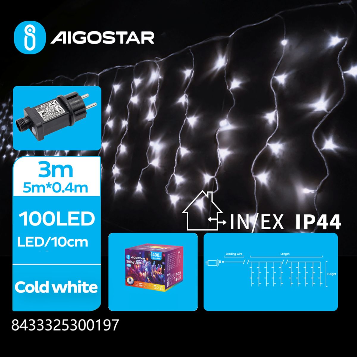 LED Lyskæde - Kold Hvid -3M+5M*0.4M-100LED-25string-transparent wire-8blink+time+IP44