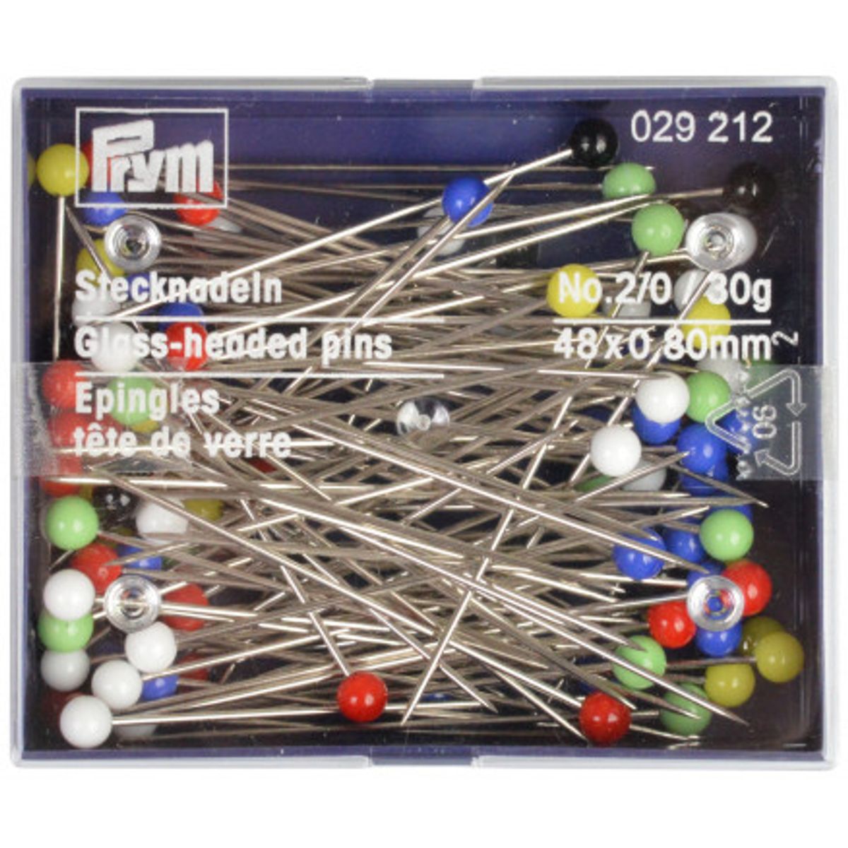 Prym Knappenåle Glashoved Stål Ass. Farver 0,80x48mm - 30g