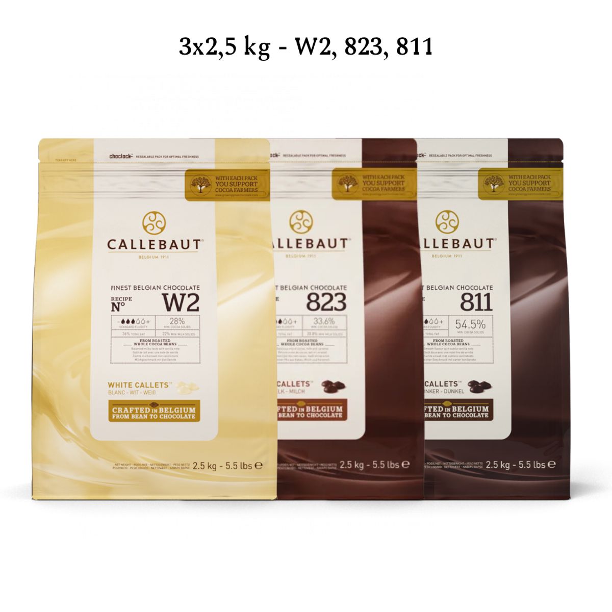 Callebaut Chokolade Callets pakke 3x2,5 kg - lys, mørk og hvid