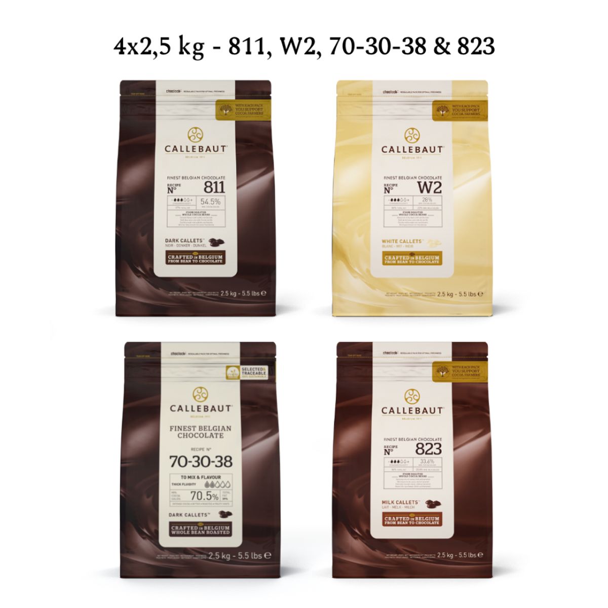 Callebaut Chokolade Callets pakke 4x2,5 kg - ekstra mørk, mørk, lys & hvid