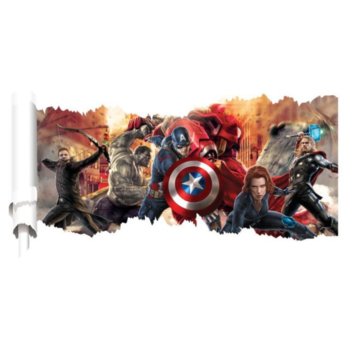 Avengers wallsticker. Sejt revet hul i væggen. 90x50cm