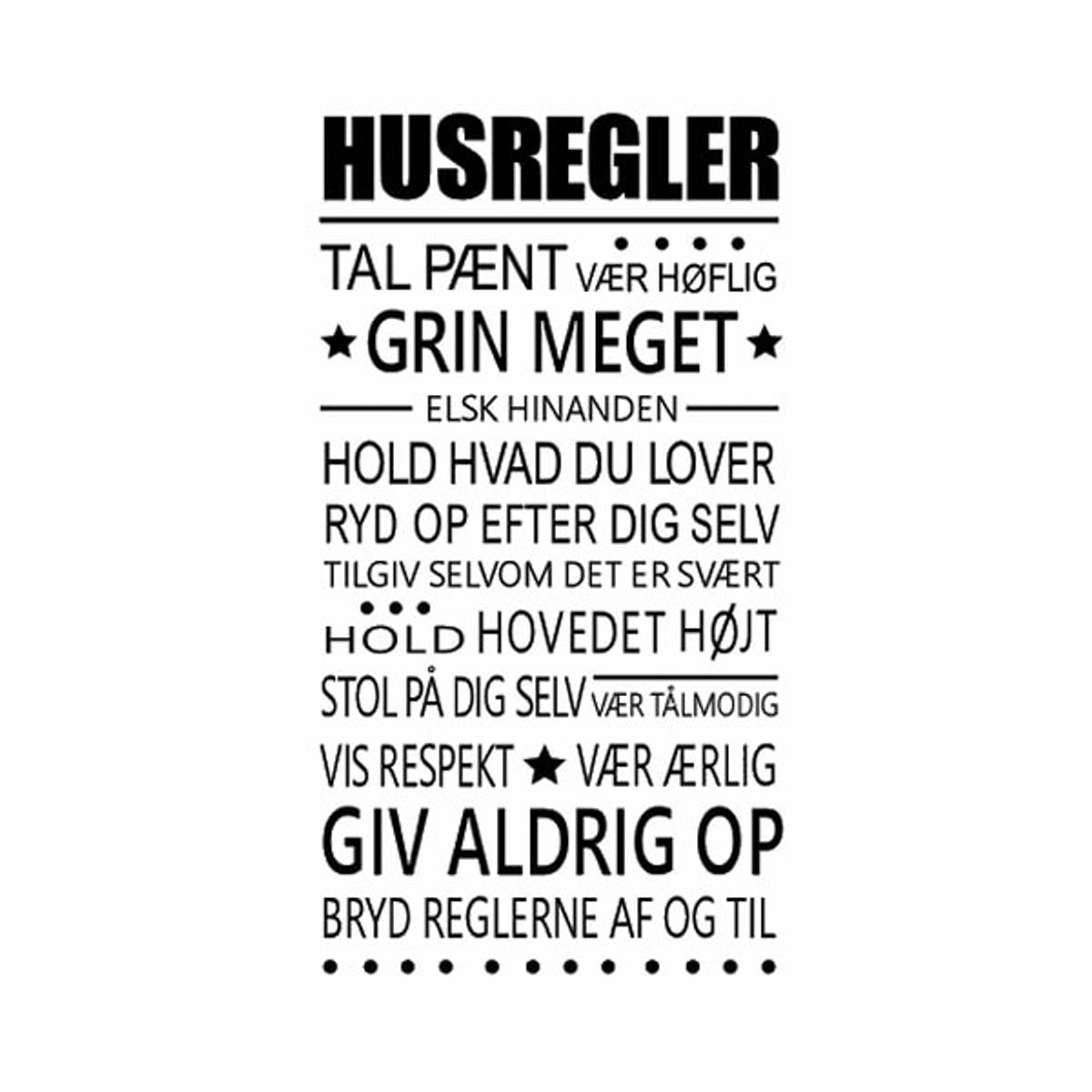 Husregler wallsticker. Få husreglerne på væggen. 50x93cm