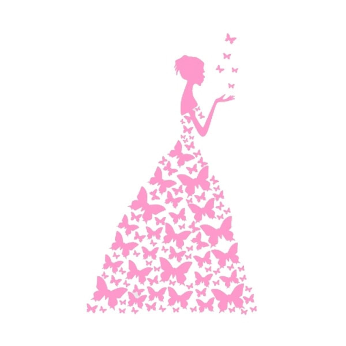 Pige med sommerfuglekjole wallsticker. 89x58 cm. Pink.