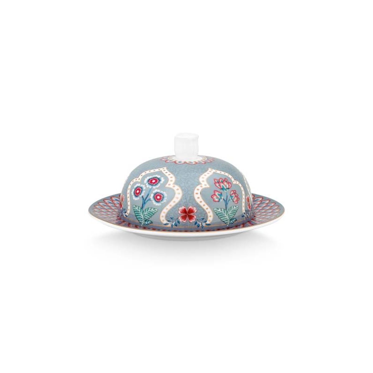 Butter Dish Round Flower Festival Deco Light Blue 17x8cm