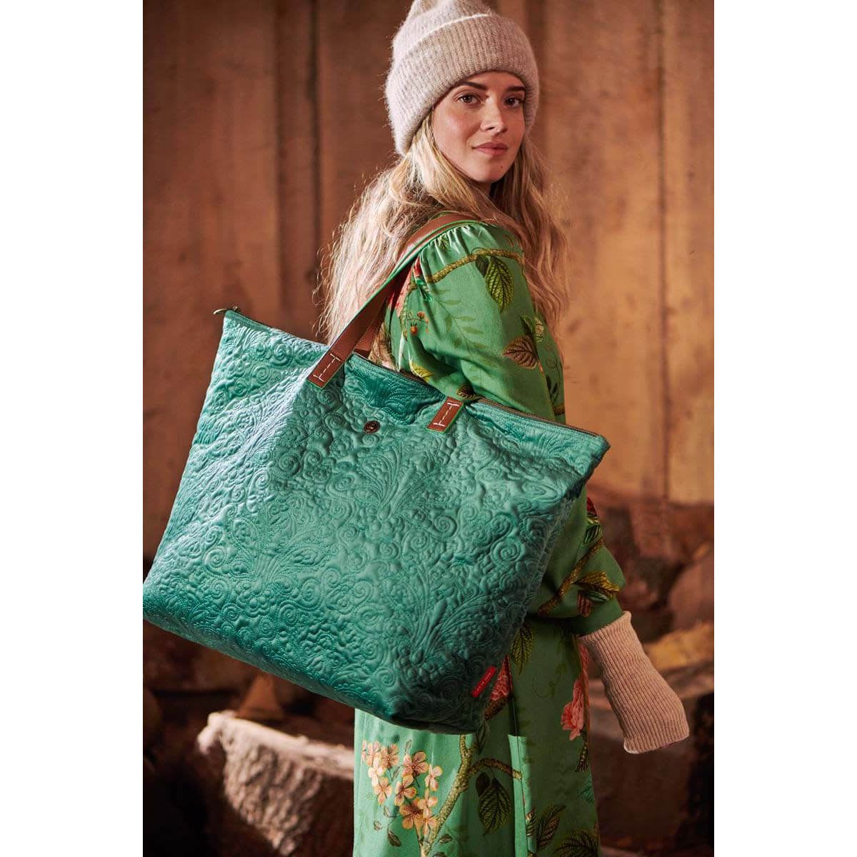 Tote Bag Velvet Quiltey Days Green 66x20x44cm