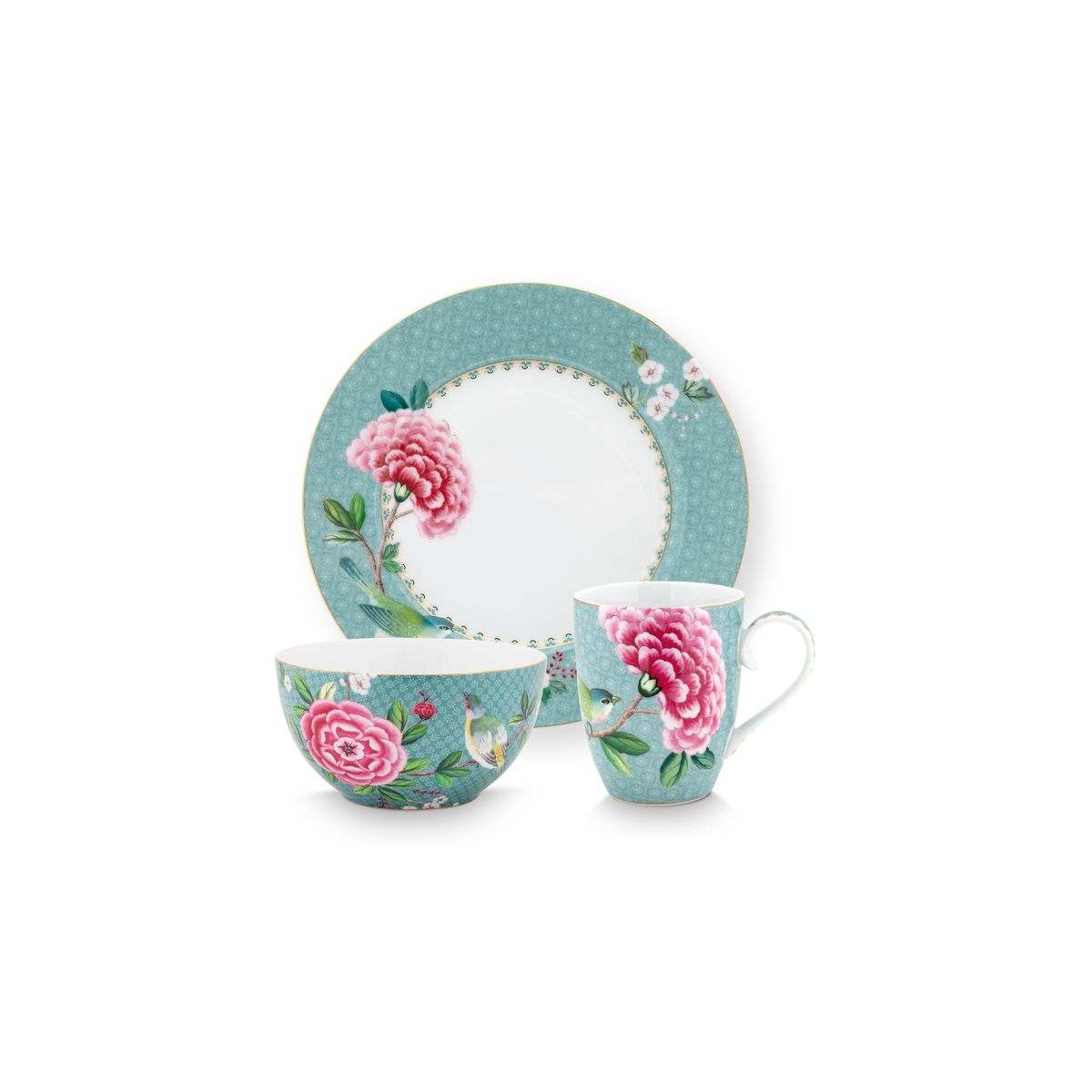 Set/3 Breakfast Set Blushing Birds Blue