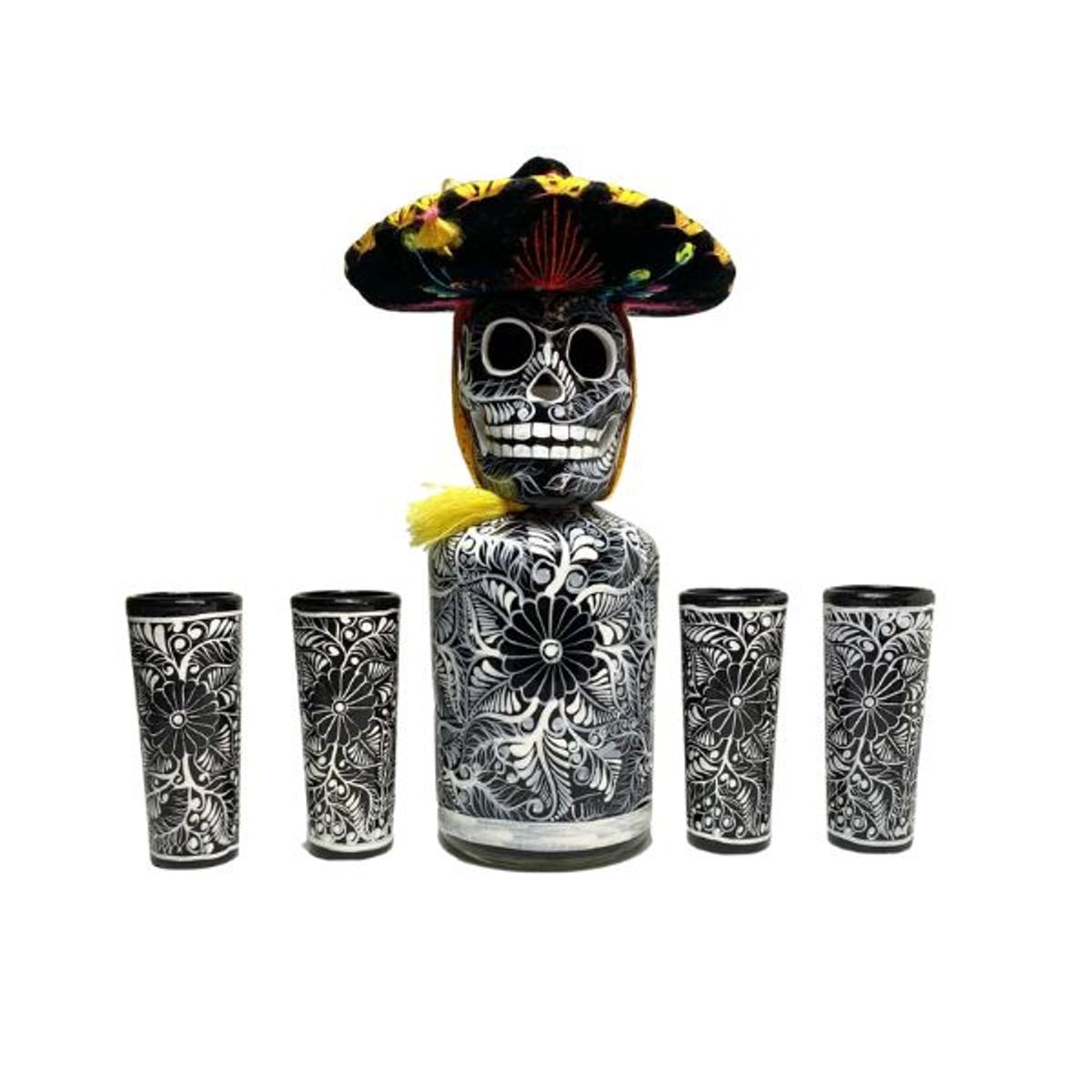 Mexskeletons Decanter & 4 Shot Glas Sort M. Sombrero