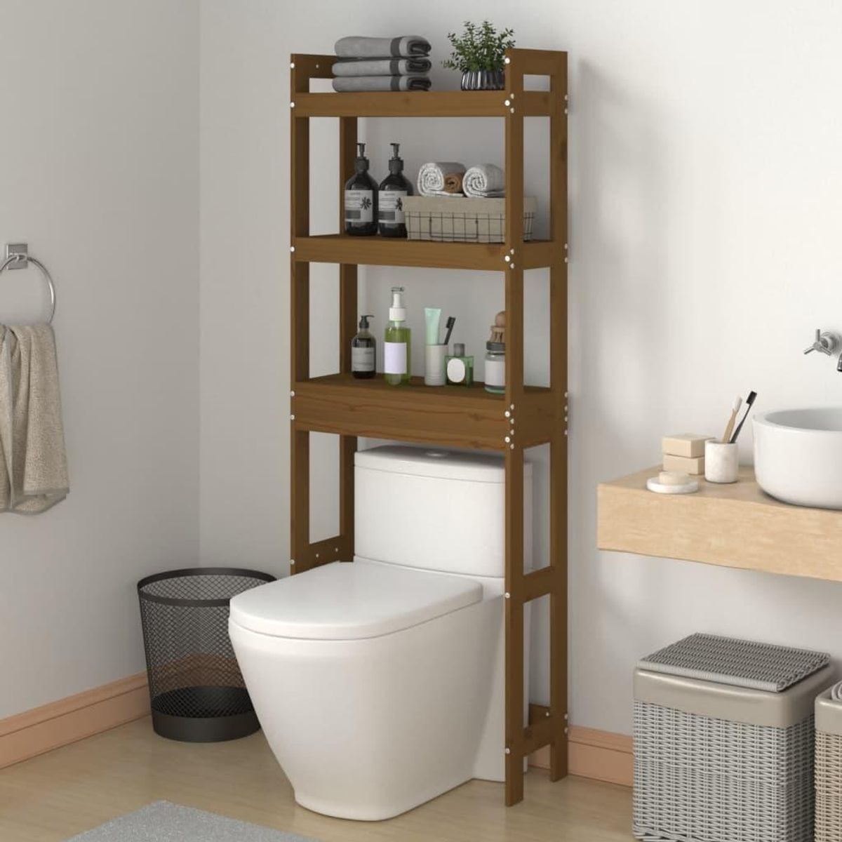 Toiletstativ 63x26x171 cm massivt fyrretræ gyldenbrun