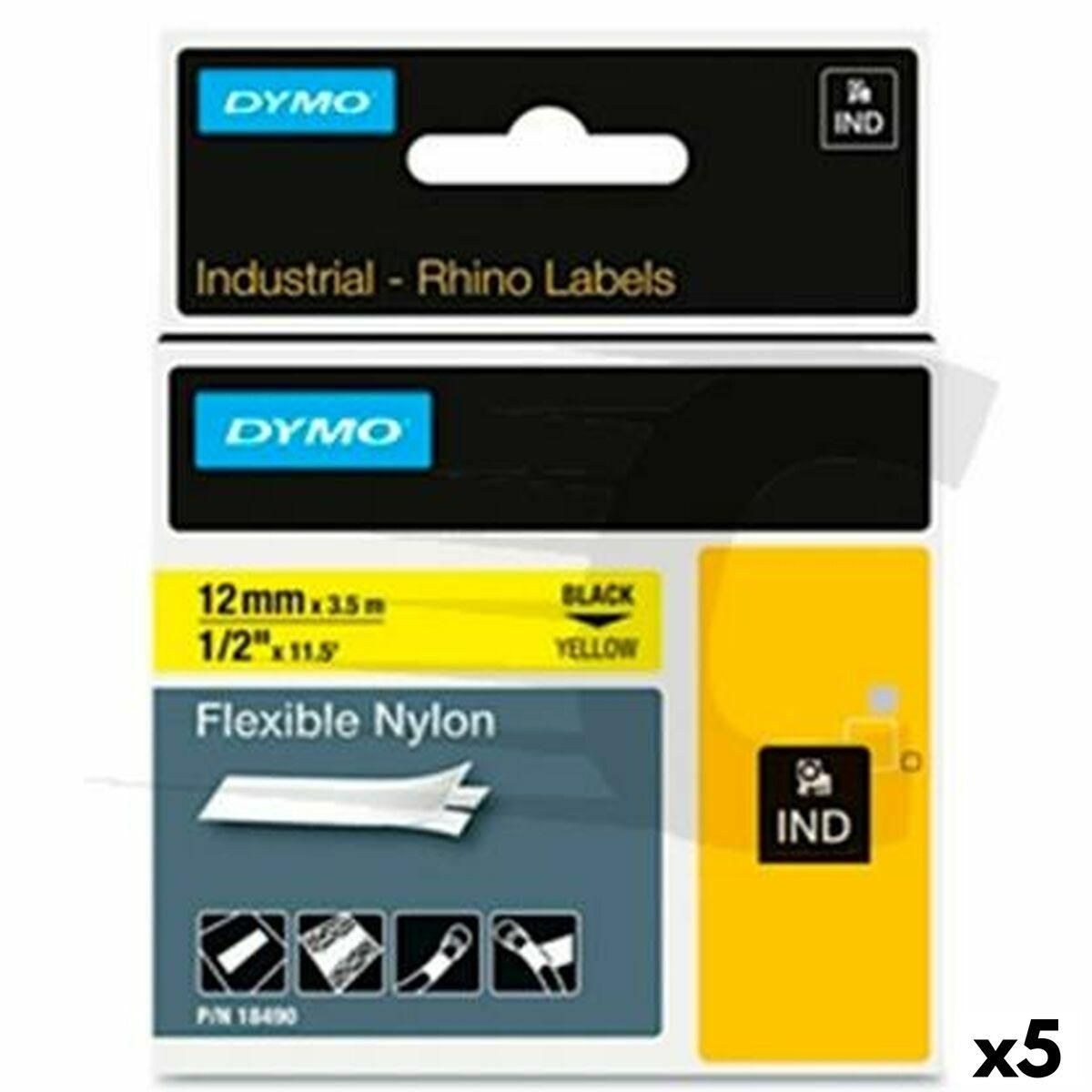 Lamineret tape til mærkningsmaskiner Rhino Dymo ID1-12 Gul Sort 12 x 3,5 mm Auto selvklæbende (5 enheder)