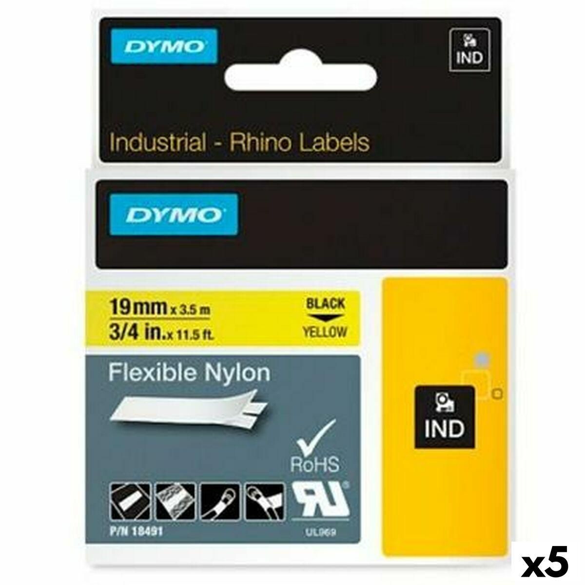 Lamineret tape til mærkningsmaskiner Rhino Dymo ID1-19 19 x 3,5 mm Sort Gul Auto selvklæbende (5 enheder)