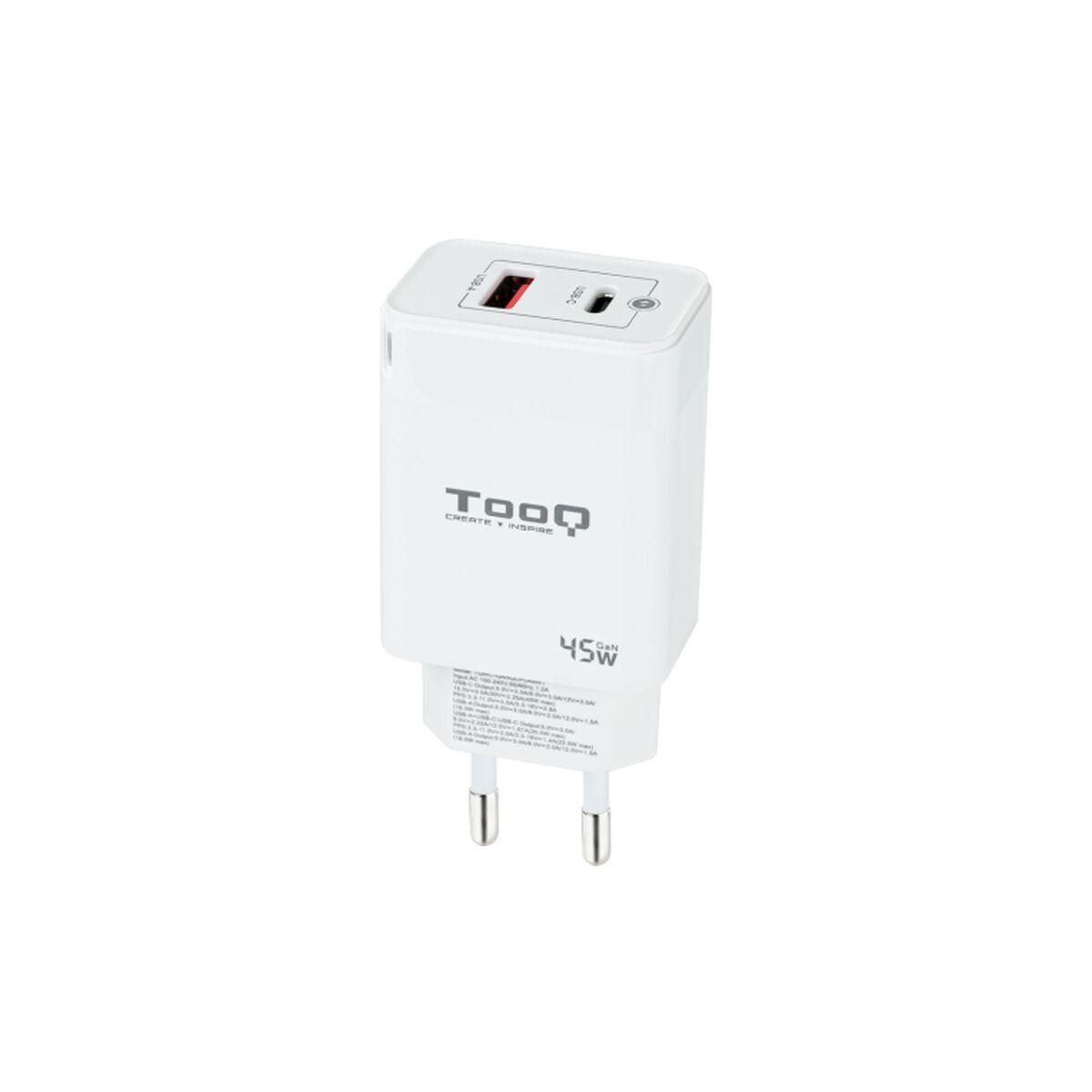 Vægoplader TooQ Cargador de Pared GaN USB-C/PD + USB-A/QC 45W, Blanco Hvid 45 W