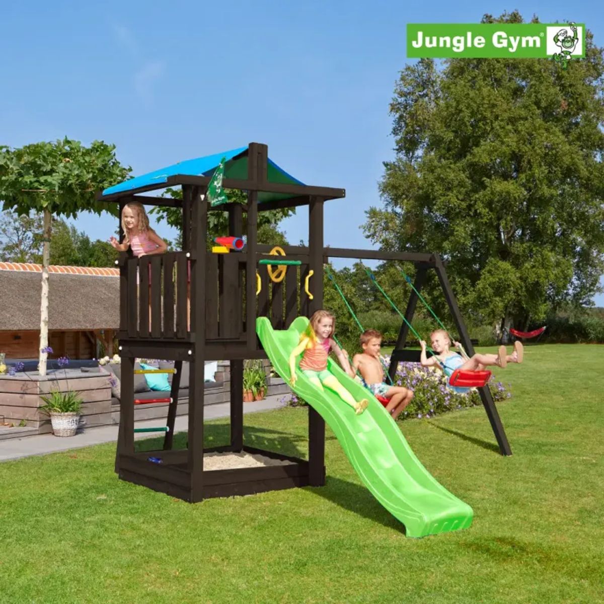 Jungle Gym Hut legetårn komplet inkl. swing module xtra ekskl. rutschebane, grundmalet sort - 806-282SB