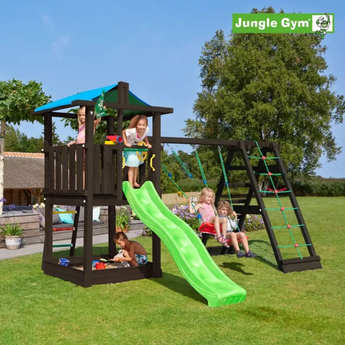 Jungle Gym Hut legetårn komplet inkl. climb module xtra og rutschebane, grundmalet sort - 806-282CX