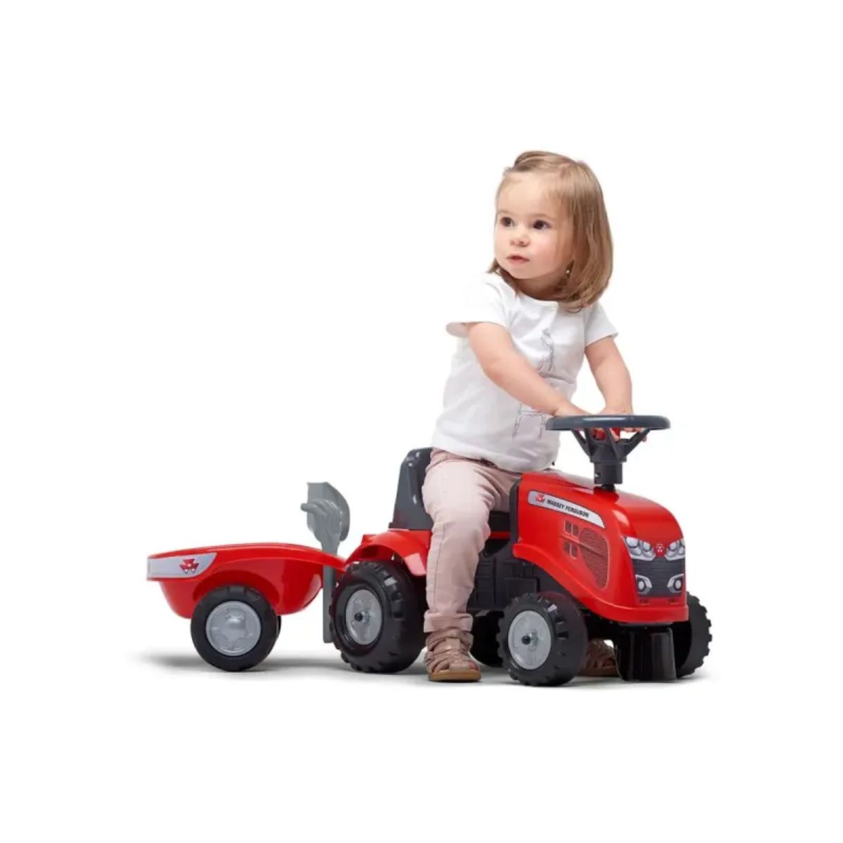 FALK Baby Massey Ferguson ride-on traktor m. trailer, rive og skovl