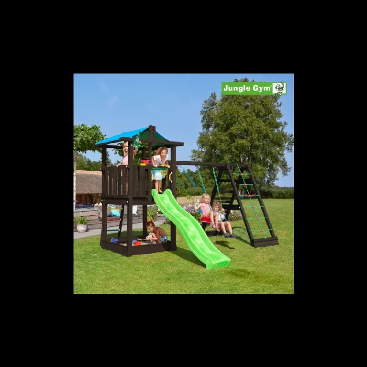 Jungle Gym Hut legetårn komplet inkl. climb module xtra ekskl. rutschebane, grundmalet sort - 806-282CB