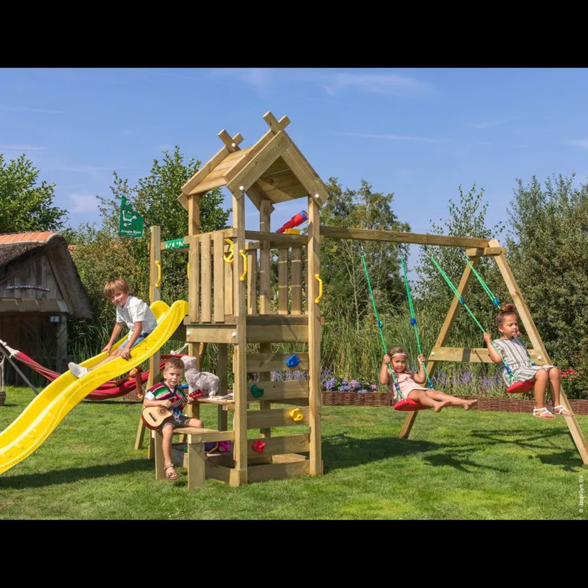 Jungle Gym Teepee legetårn komplet inkl. gyngemodul og gul rutschebane 804-088S2GU