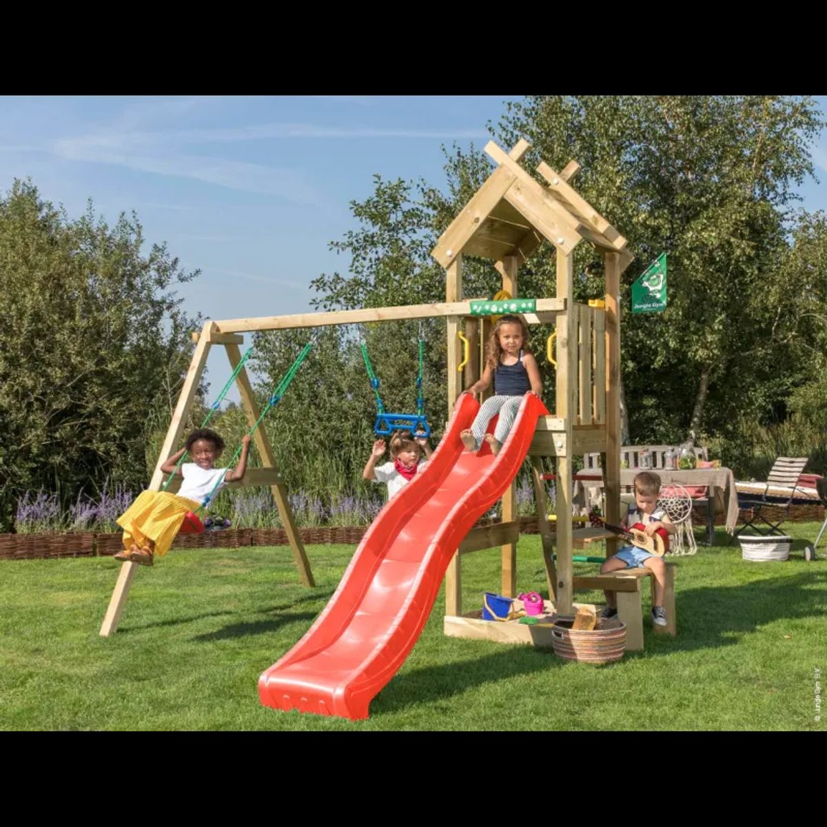 Jungle Gym Totem legetårn komplet inkl. gyngemodul og rød rutschebane 804-073S2R