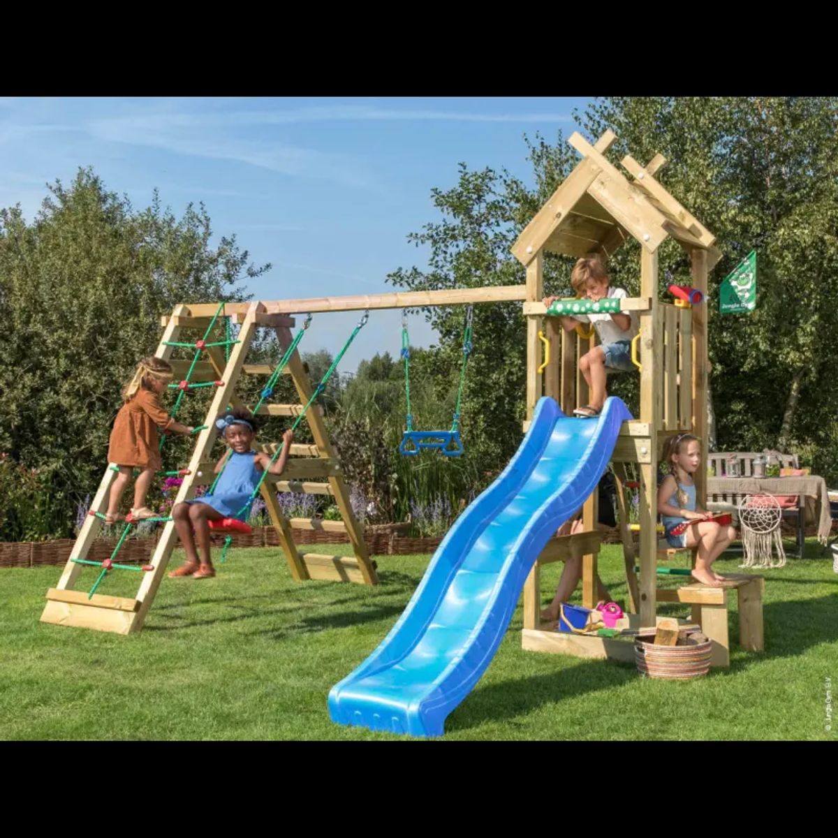 Jungle Gym Totem legetårn komplet inkl. klatremodul og blå rutschebane 804-073C2B