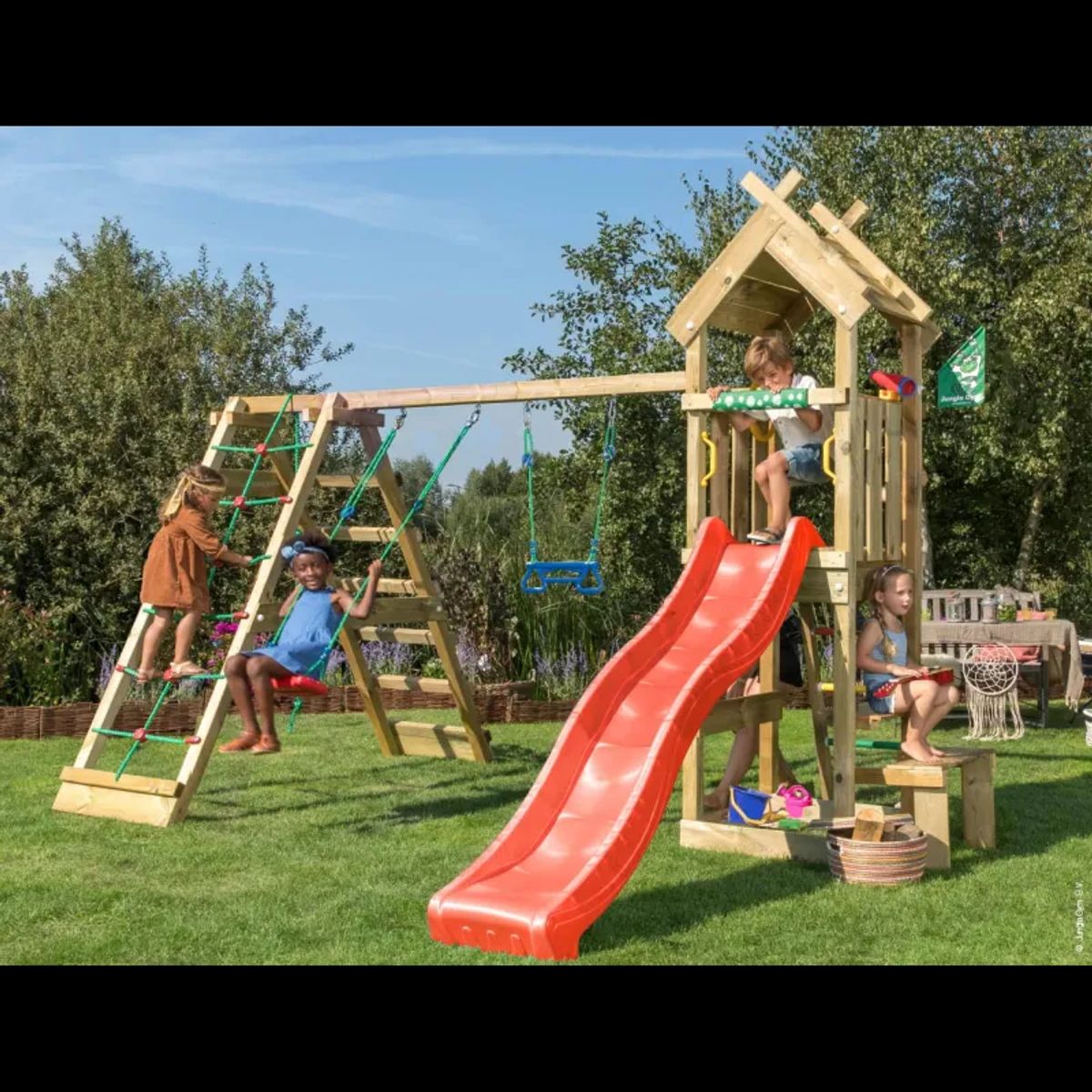 Jungle Gym Totem legetårn komplet inkl. klatremodul og rød rutschebane 804-073C2R