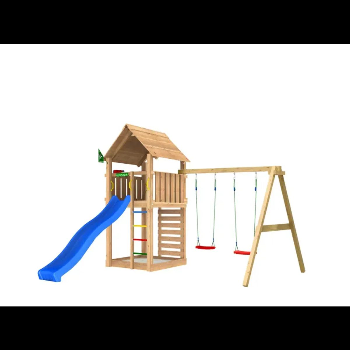 Legetårn komplet Jungle Gym Cabin 2.1 inkl. Swing modul 120 kg sand og blå rutsjebane