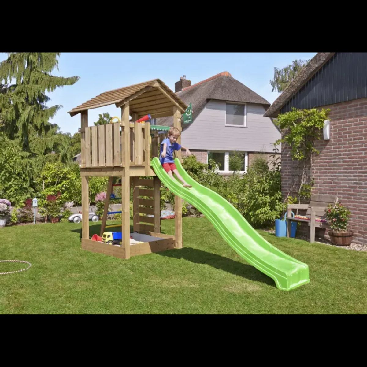 Legetårn komplet Jungle Gym Cottage 2.1 inkl. grøn rutschebane