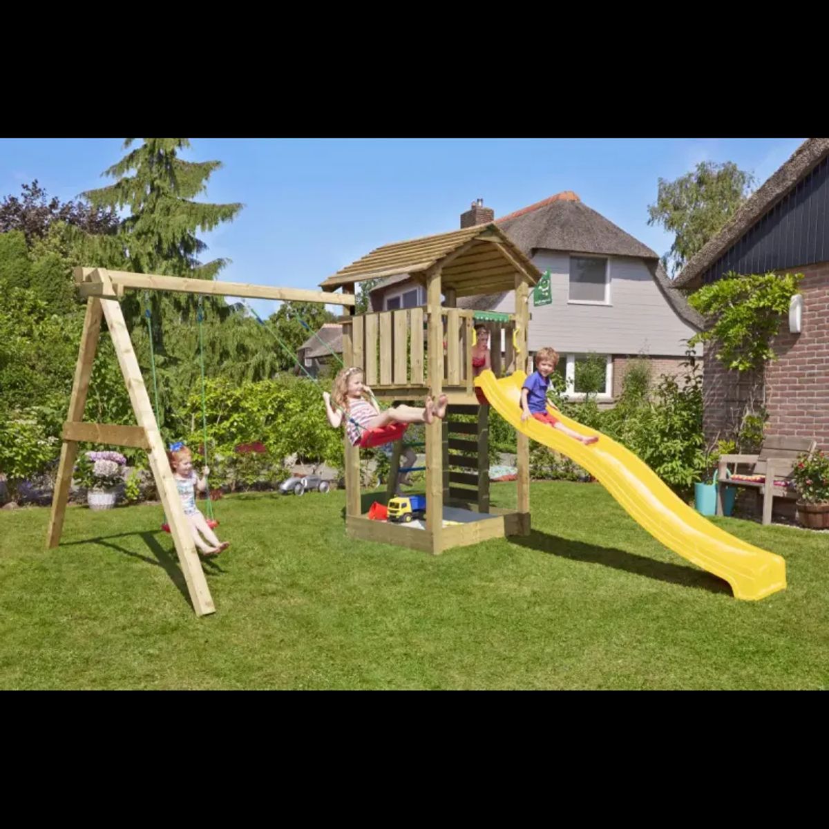 Legetårn komplet Jungle Gym Cottage 2.1 inkl. Swing modul og gul rutschebane