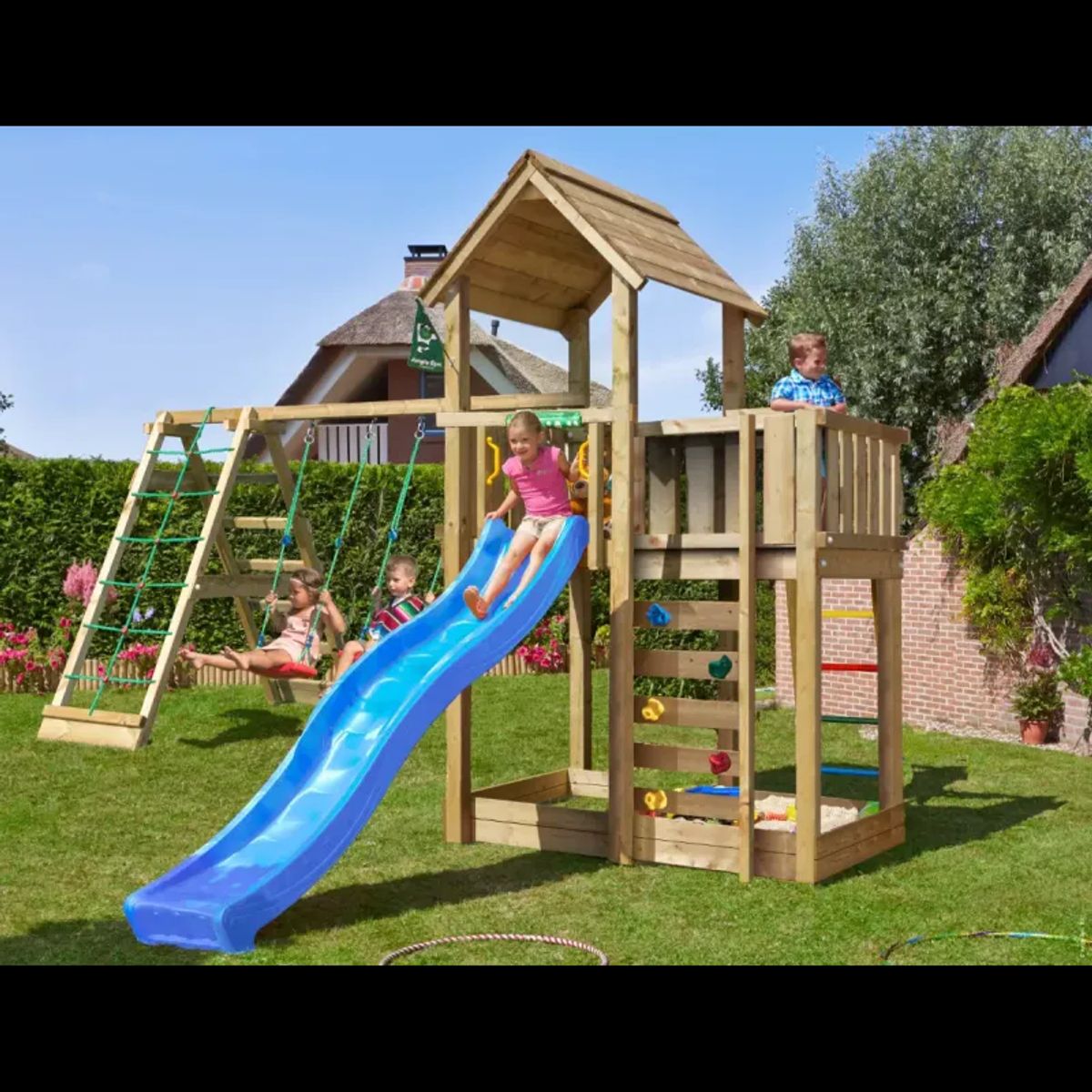 Legetårn komplet Jungle Gym Mansion 2.1 inkl. Climb modul og blå rutsjebane