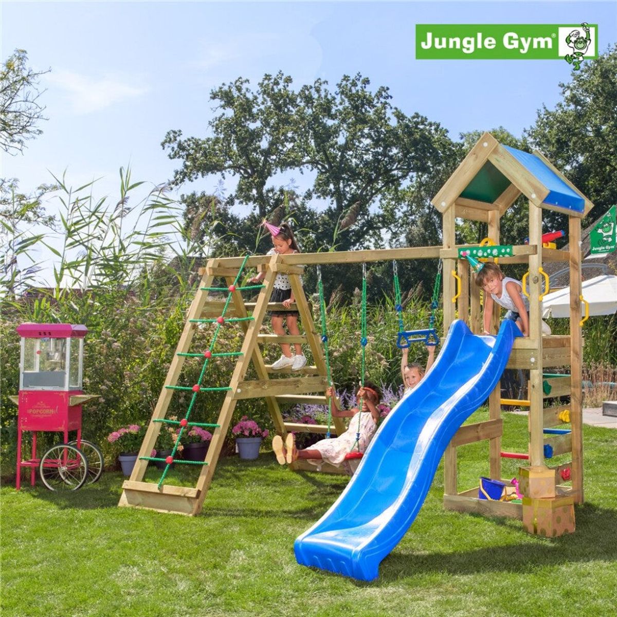 Jungle Gym - Legetårn Jungle Gym Patio m/2-Climb Module 200 og blå rutsjebane