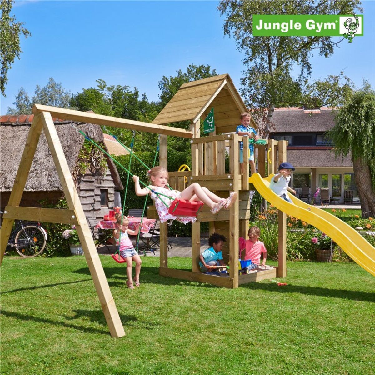 Jungle Gym - Legetårn Jungle Gym Cubby m/2-Swing Module 220 og gul rutschebane