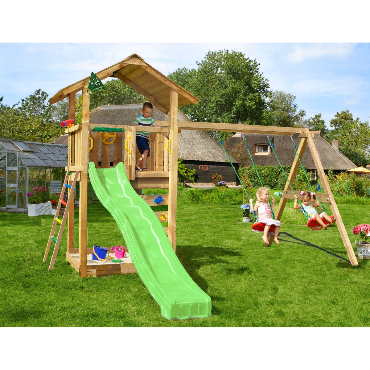 Jungle Gym - Legetårn Jungle Gym Sierra 2.1 m/2-Swing Module 220 og grøn rutschebane