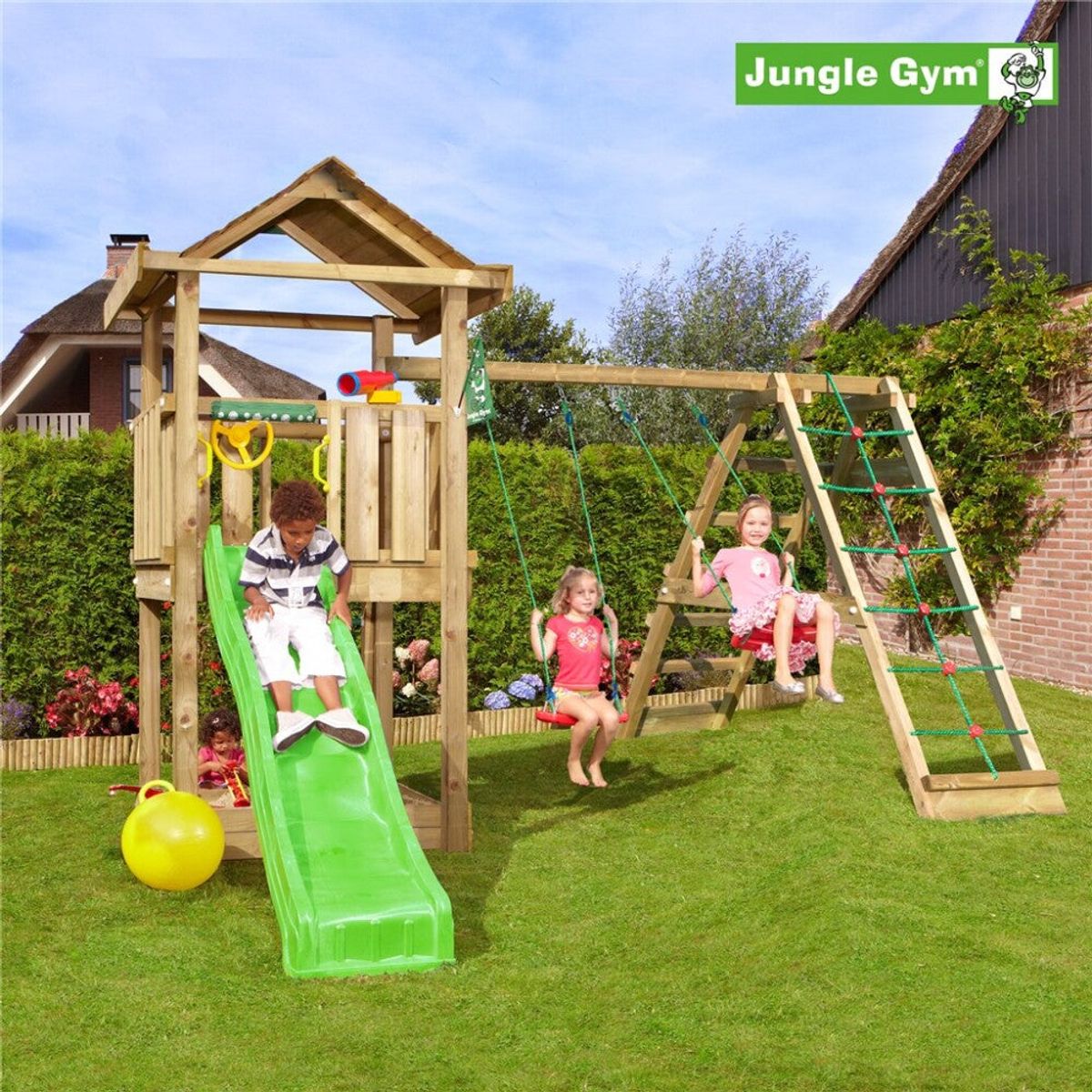 Jungle Gym - Legetårn Jungle Gym House 2.1 m/2-Climb Module 220 og grøn rutschebane