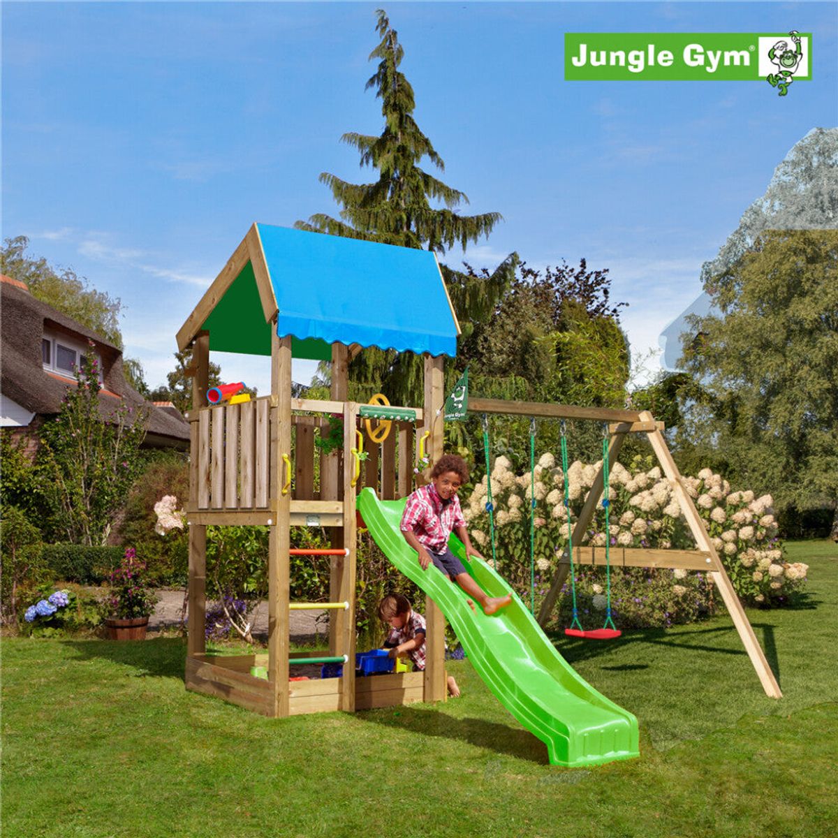 Jungle Gym - Legetårn Jungle Gym Home 2.1 m/2-Swing Module 220 og grøn rutschebane