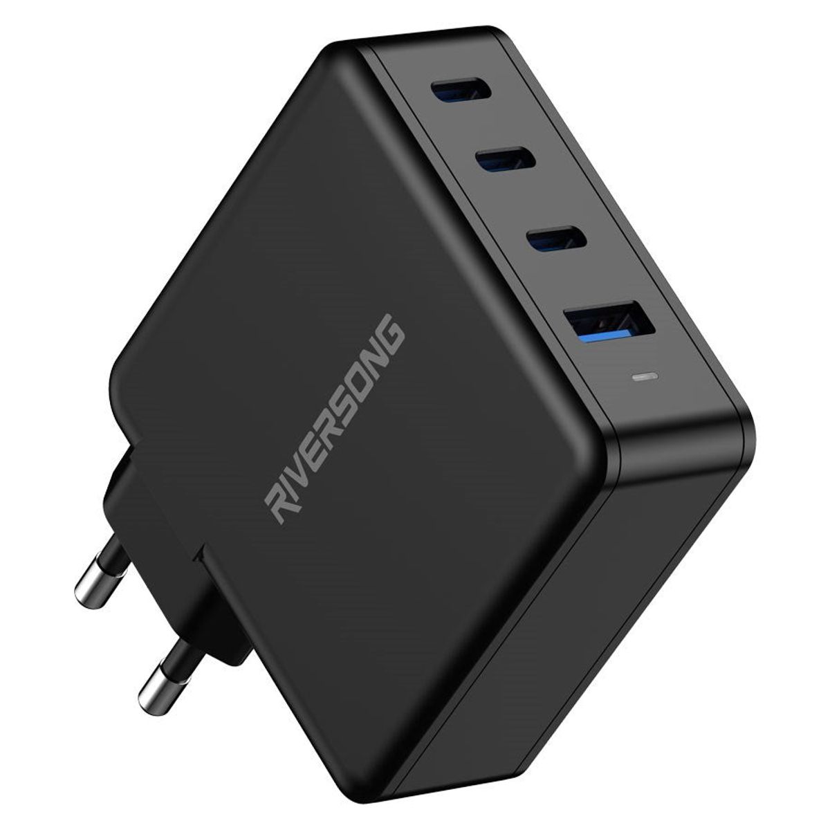 Riversong PowerKub, 100W GaN oplader m. 3 x USB-C og 1 USB-A, Sort