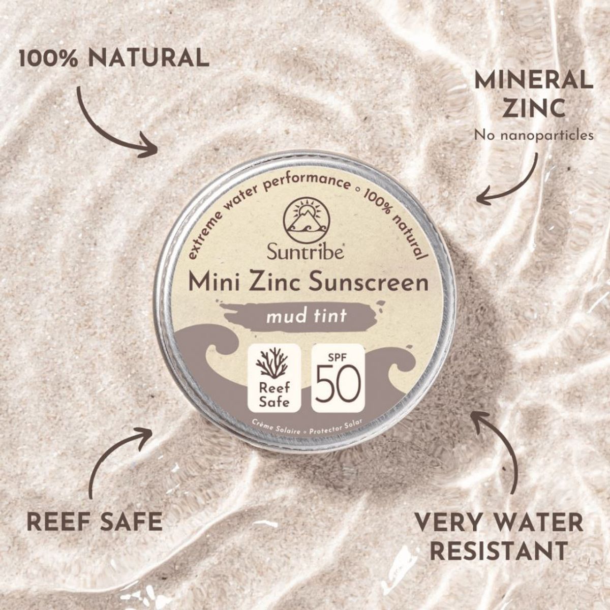 Suntribe - Naturlig Ansigts & Sport Mini Solcreme SPF 50 - Mud Tint