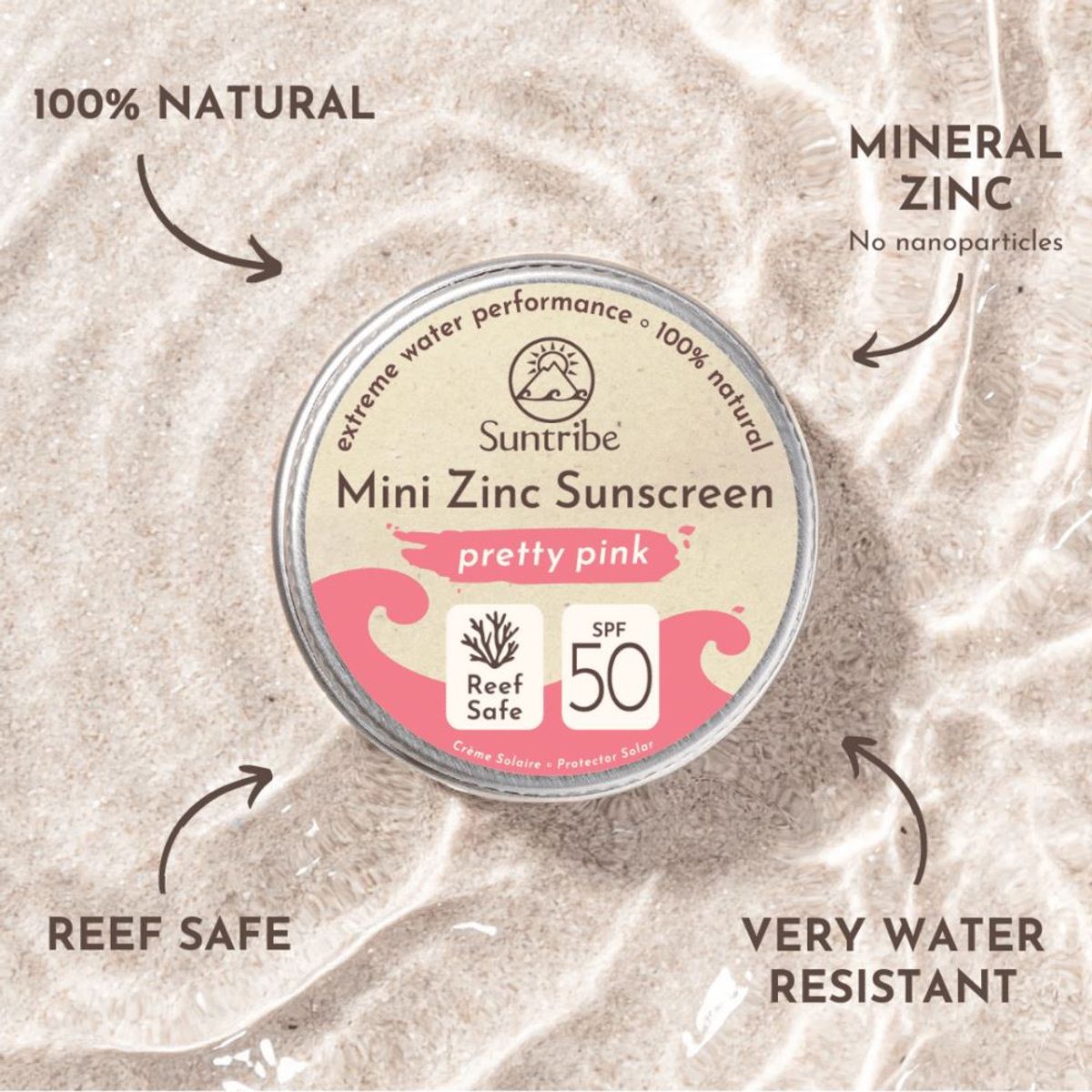 Suntribe - Naturlig Ansigts & Sport Mini Solcreme SPF 50 - Pretty Pink