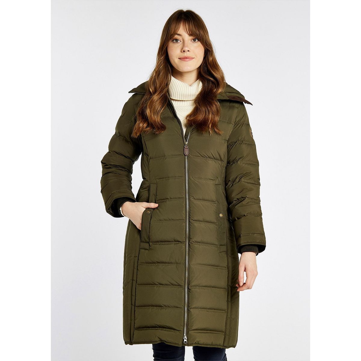 Meyers Ladies LONG Down Jacket, Oliven - 42 (UK16)