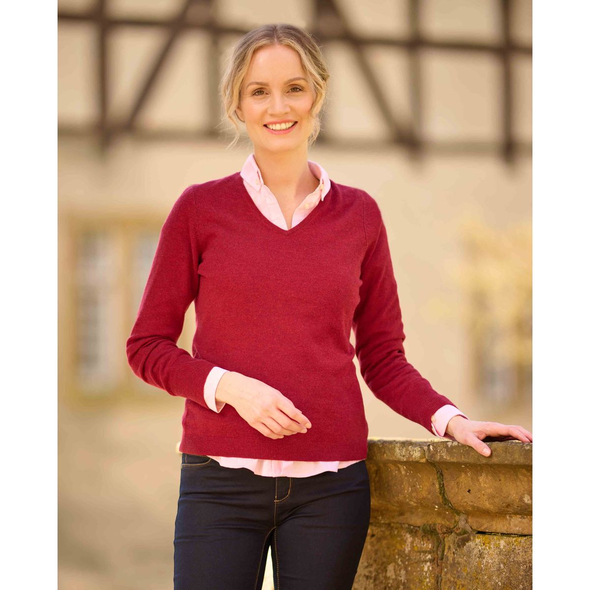 Mary ladies merino pullover, v-hals, red dahlia rød - 38