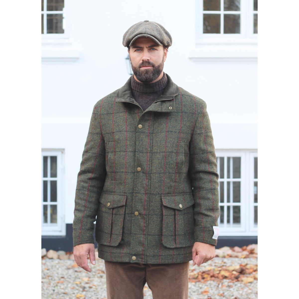 Bristol Field Coat skydejakke Harris Tweed, grøn m. blå/vinrød overtern - 46 (XS)