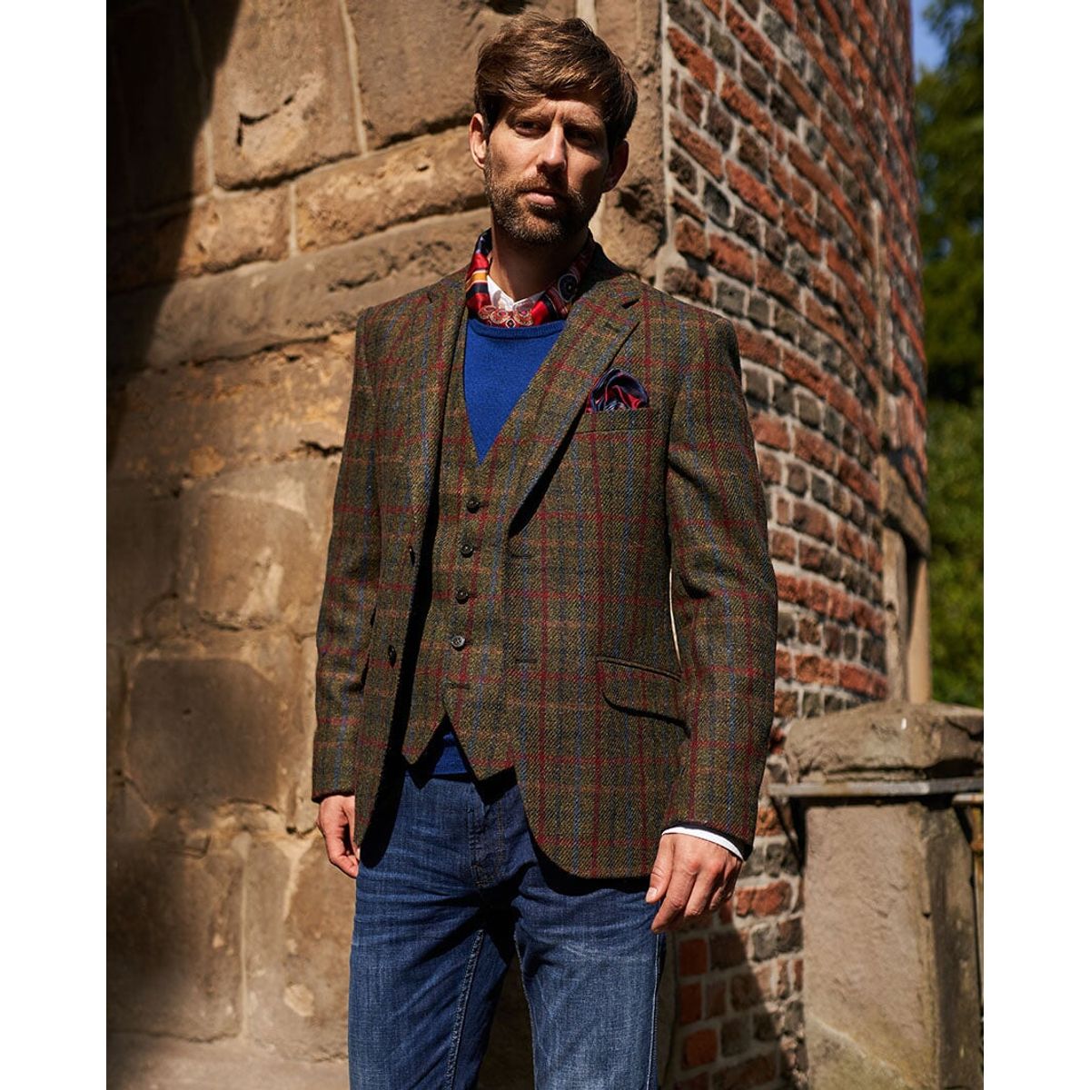 London tweed blazer, Harris Tweed, rød/blå tern - 56 EU / XXL