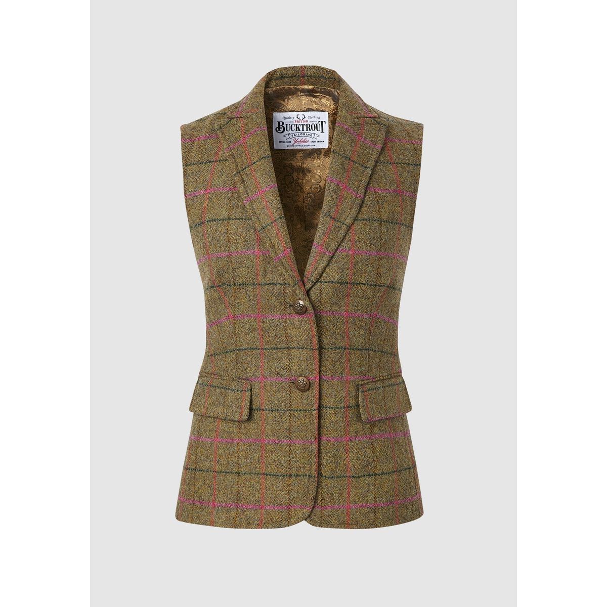 Pippa Waistcoat Yorkshire Tweed, gulgrøn med pink tern - 10 (S)